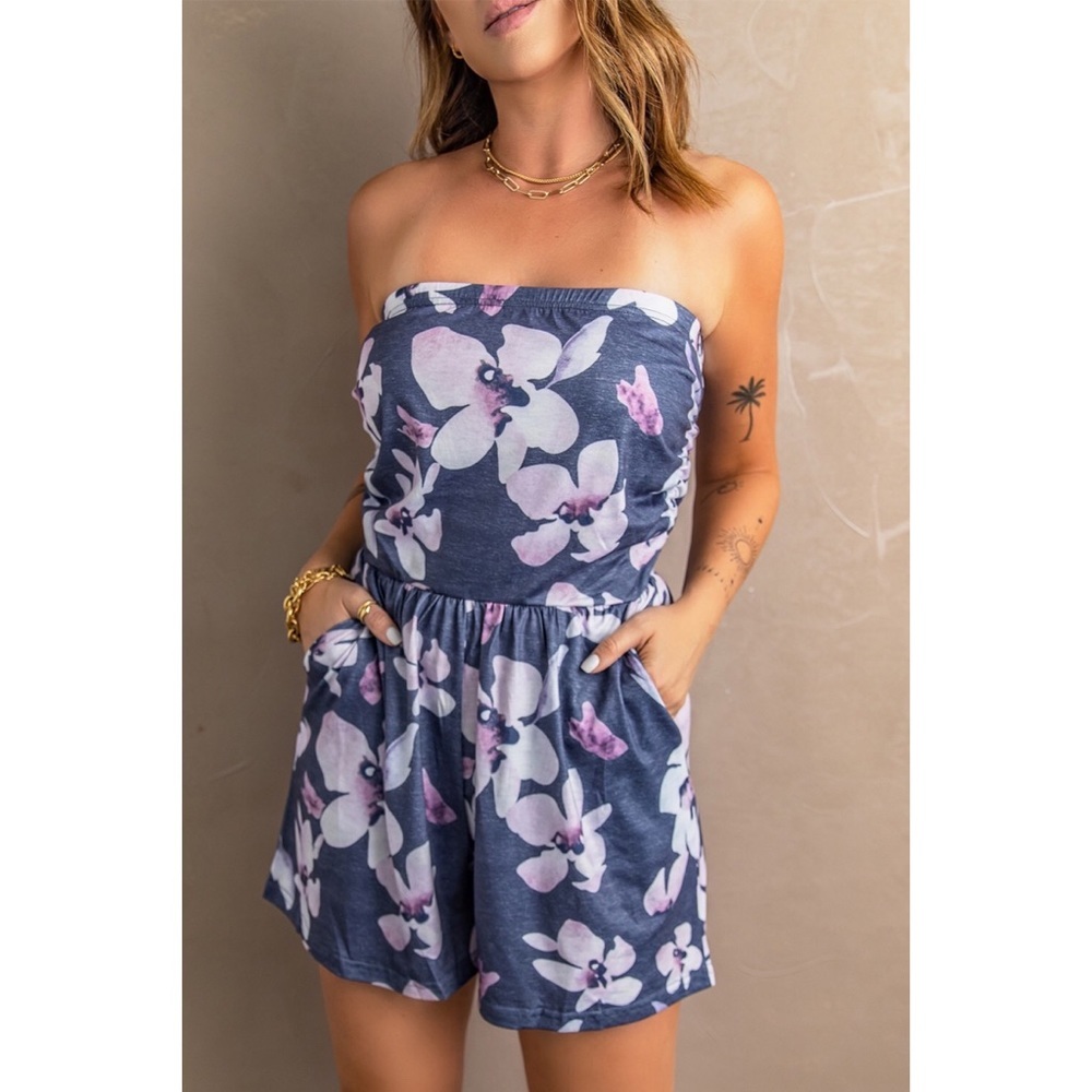 COPY - Gray Bandeau Floral Print Romper with Pockets